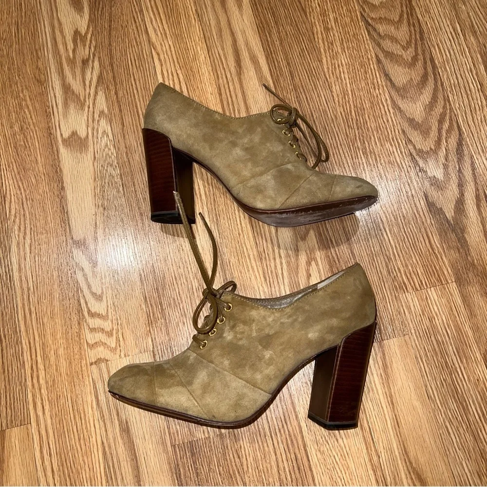 Tory Burch‎ Tan Suede Leather Lace Up Oxford 4” Heels 9.5 M